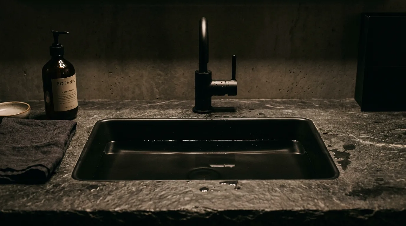 Make the sink zone sleek and sculptural inspiration for a black bathroom.